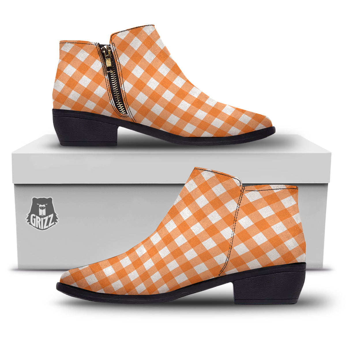 Gingham White And Orange Print Pattern Ankle Boots-grizzshop