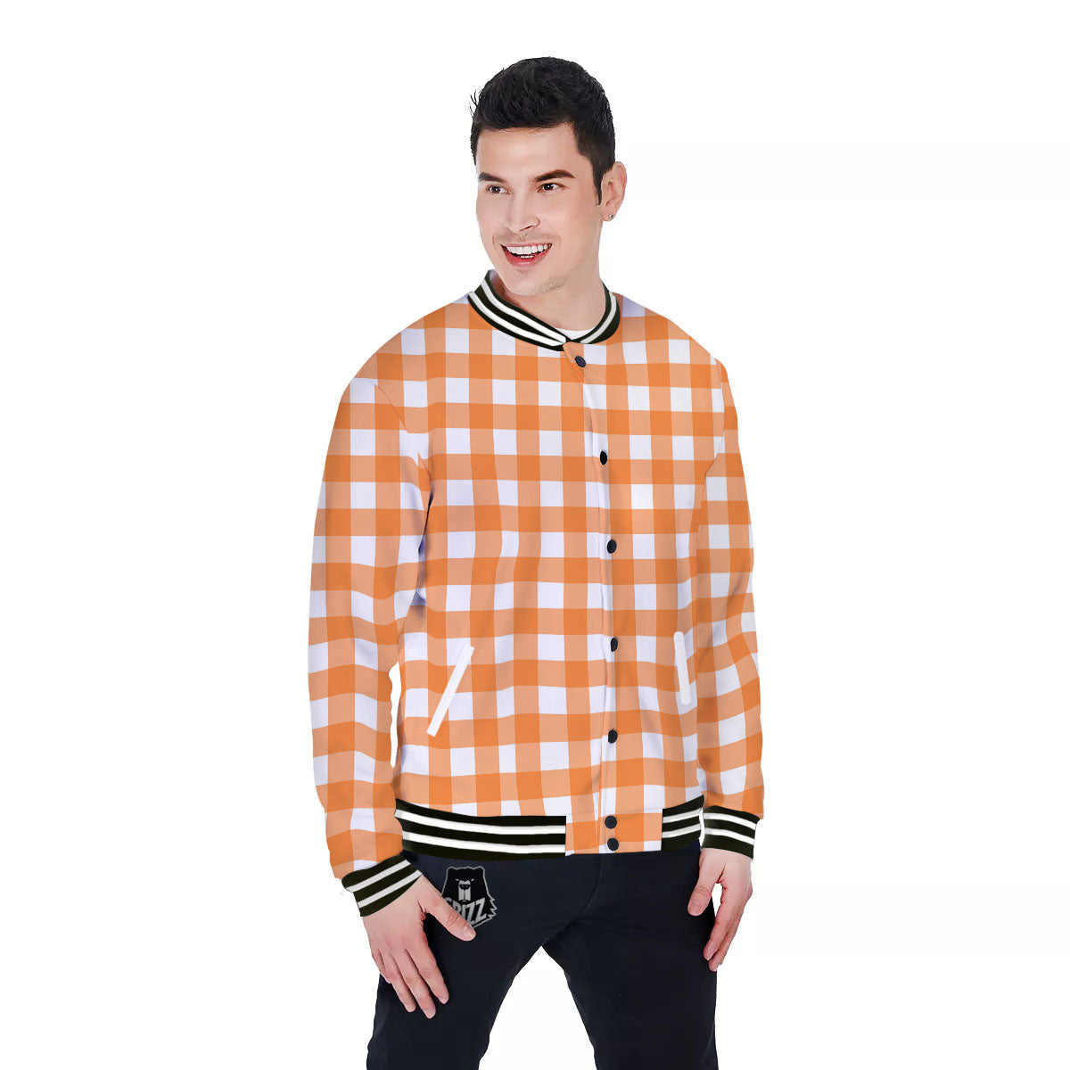 Gingham White And Orange Print Pattern Baseball Jacket-grizzshop