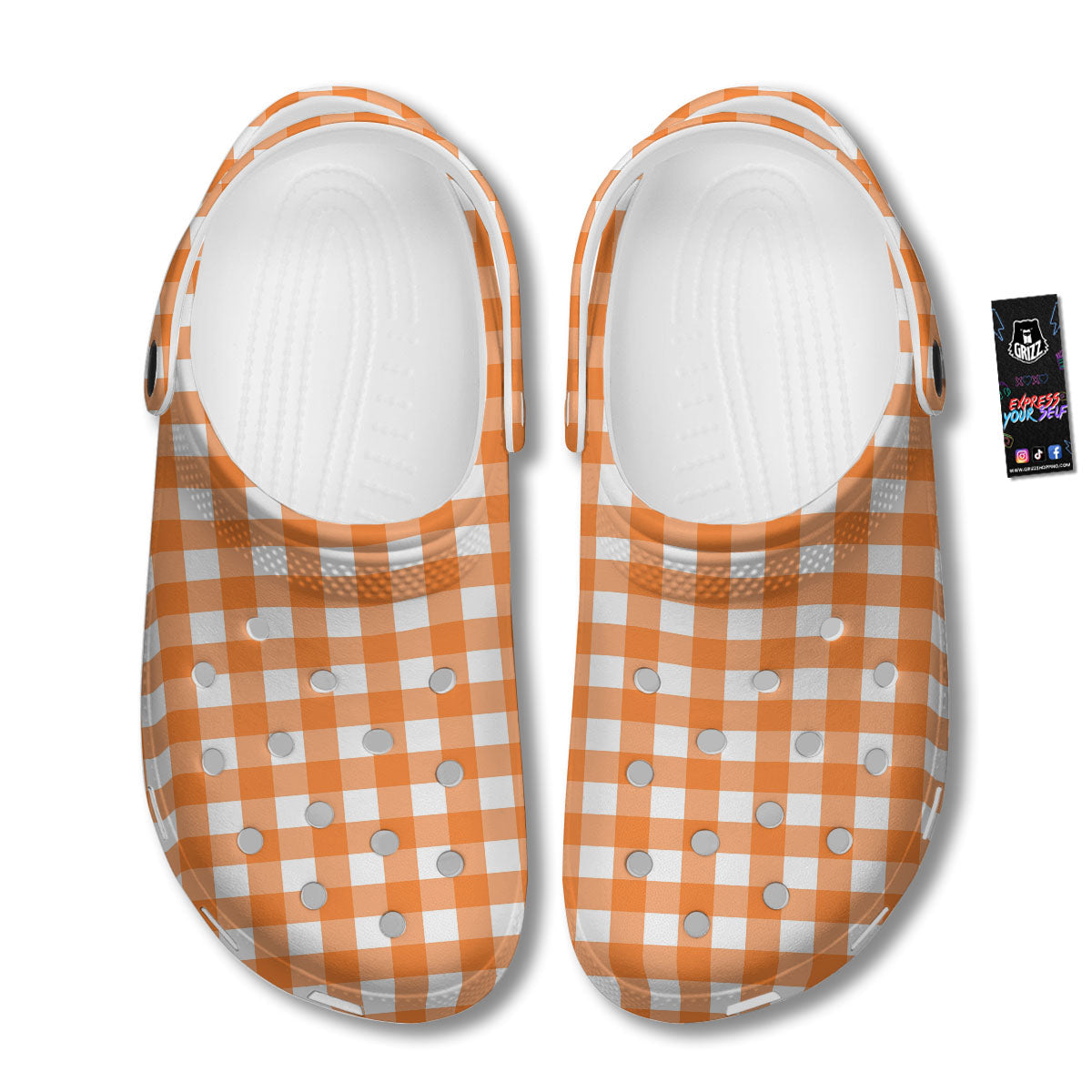 Gingham White And Orange Print Pattern Clog-grizzshop