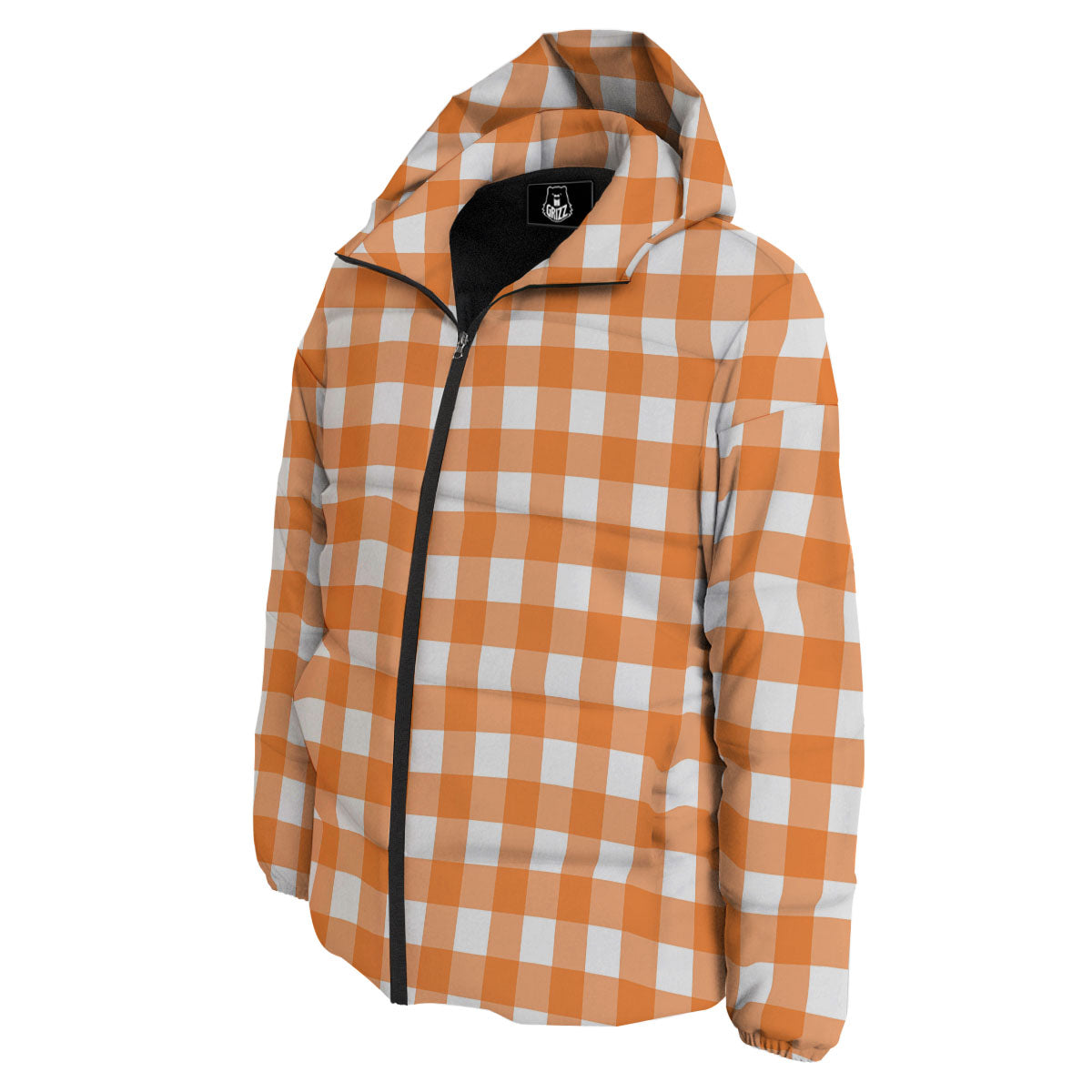 Gingham White And Orange Print Pattern Down Jacket-grizzshop