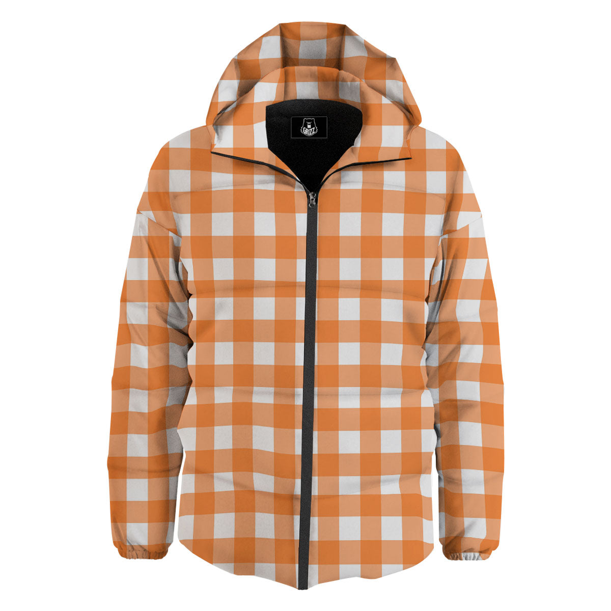 Gingham White And Orange Print Pattern Down Jacket-grizzshop