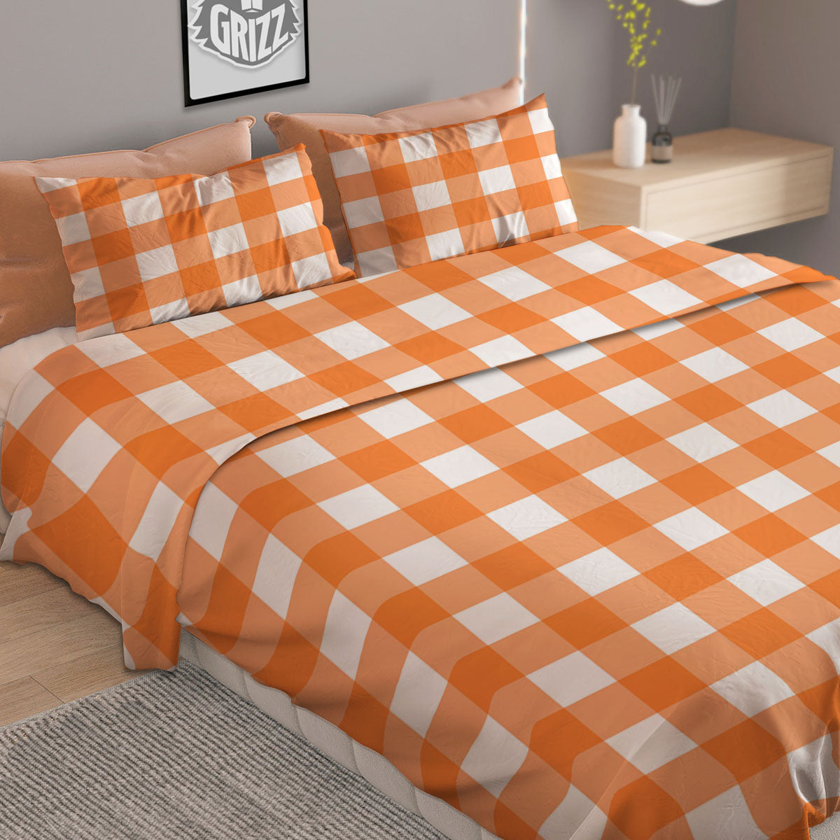 Gingham White And Orange Print Pattern Duvet Cover Bedding Set