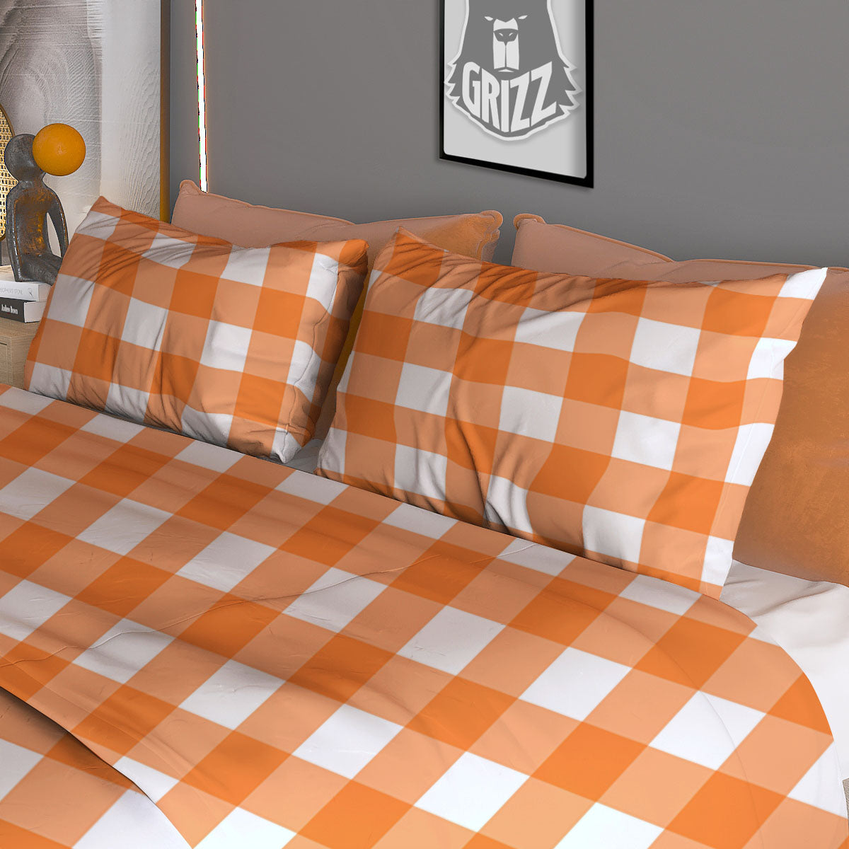 Gingham White And Orange Print Pattern Duvet Cover Bedding Set