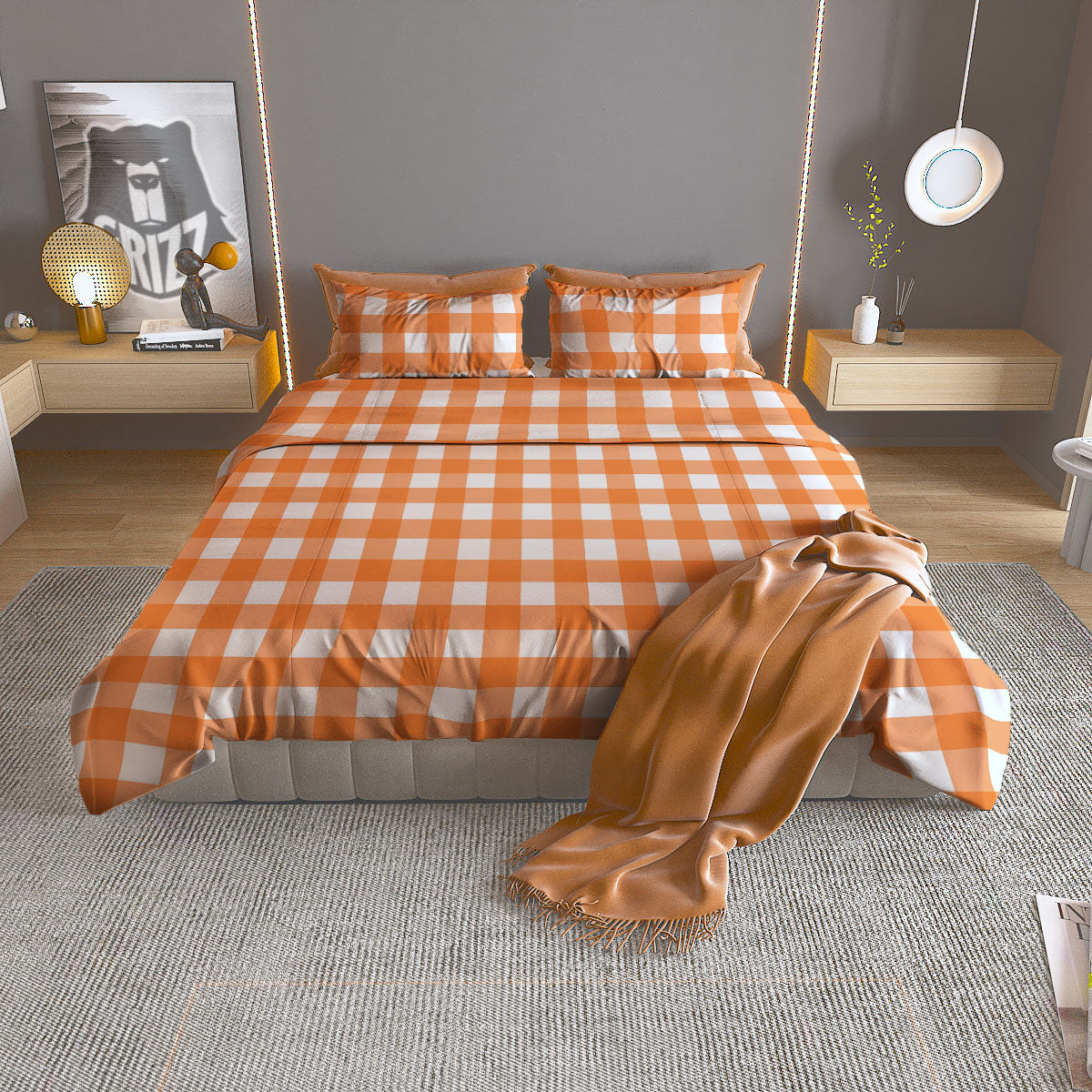 Gingham White And Orange Print Pattern Duvet Cover Bedding Set