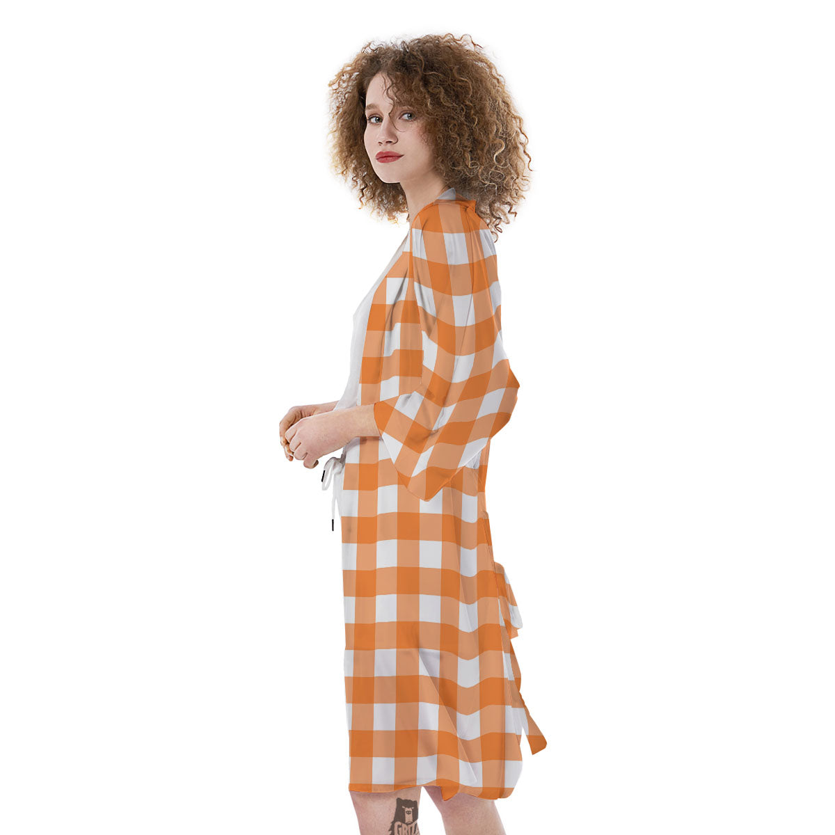 Gingham White And Orange Print Pattern Kimono-grizzshop