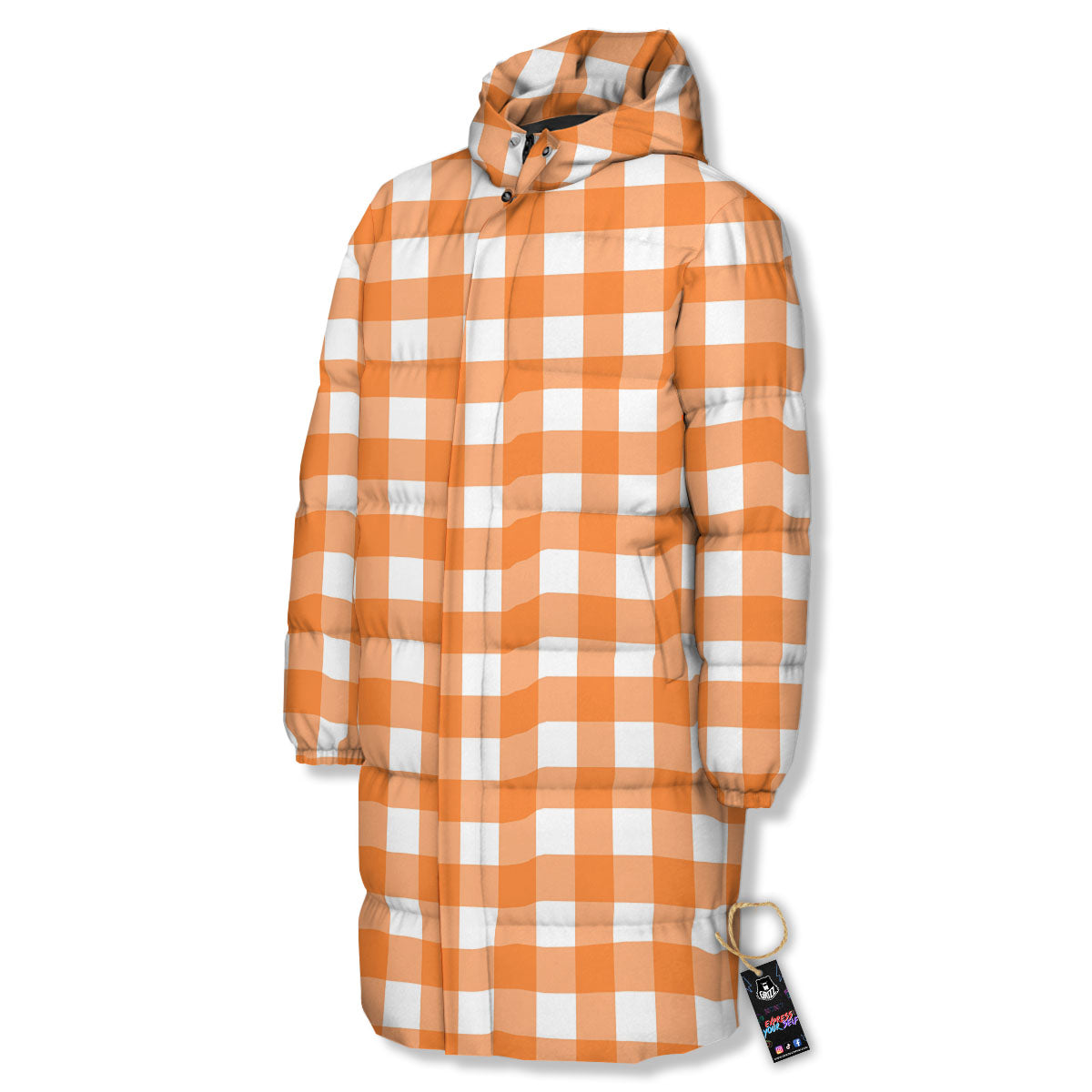 Gingham White And Orange Print Pattern Long Down Jacket-grizzshop