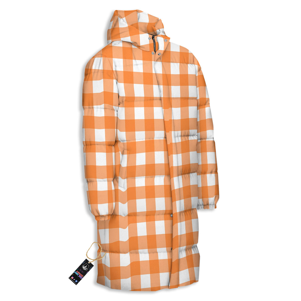 Gingham White And Orange Print Pattern Long Down Jacket-grizzshop