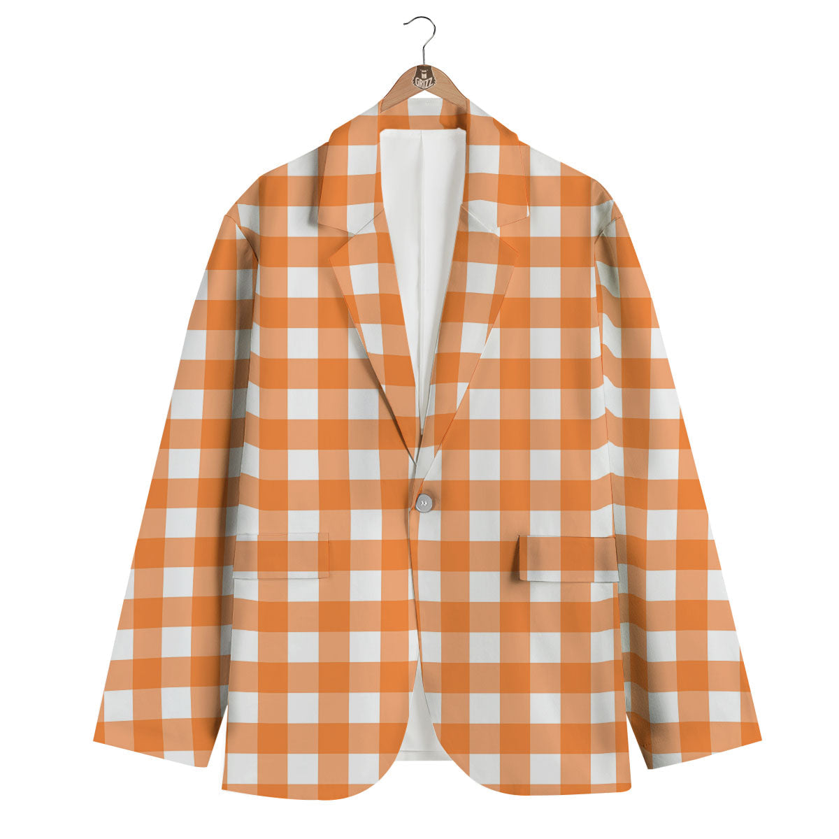 Gingham White And Orange Print Pattern Men's Blazer-grizzshop