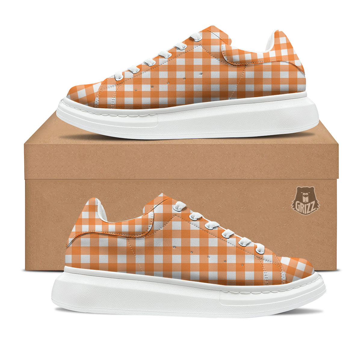 Gingham White And Orange Print Pattern Platform Shoes-grizzshop