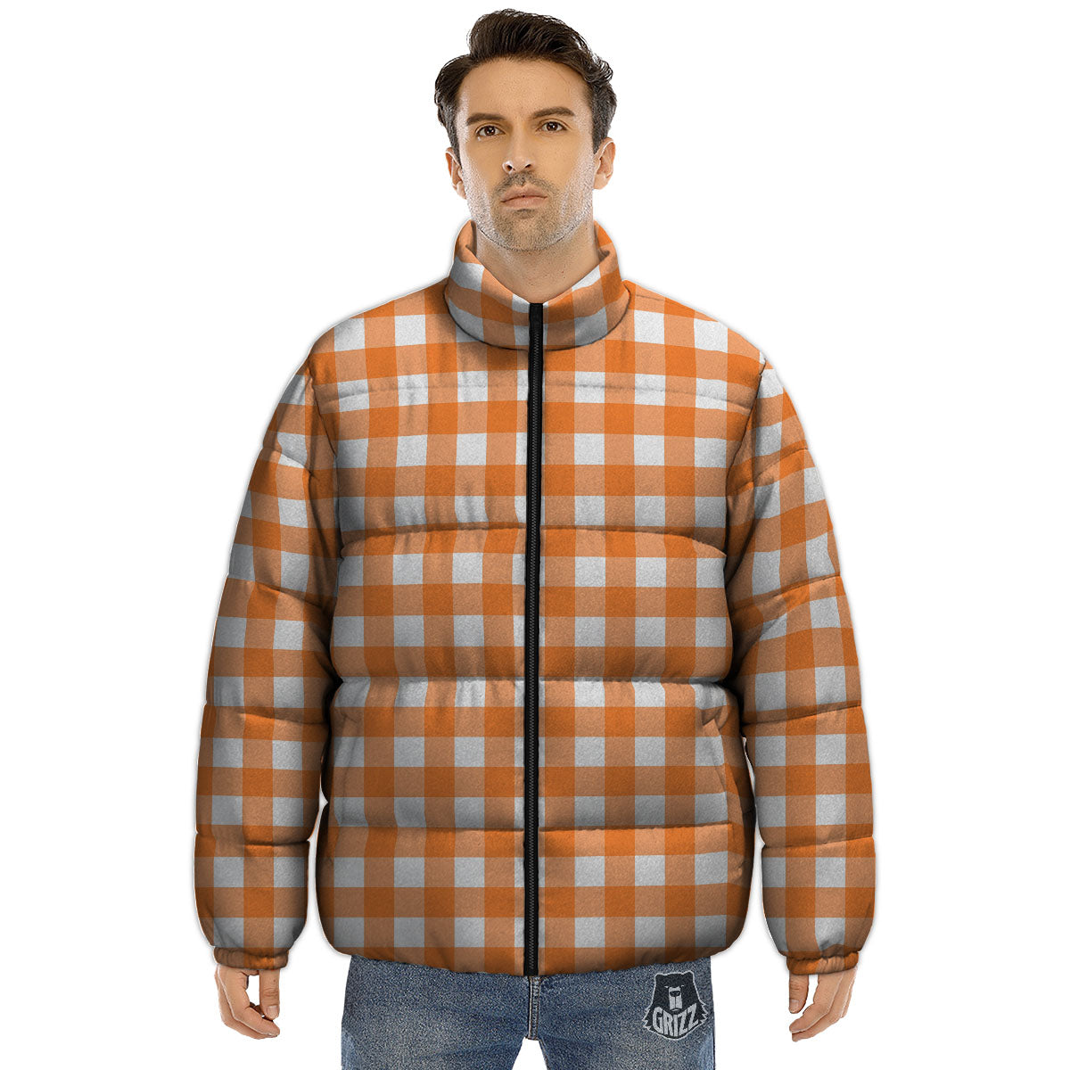 Gingham White And Orange Print Pattern Puffer Jacket-grizzshop