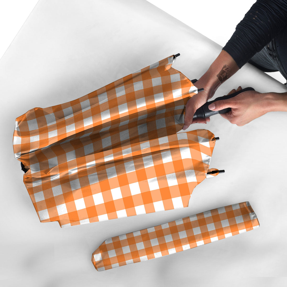 Gingham White And Orange Print Pattern Umbrella-grizzshop