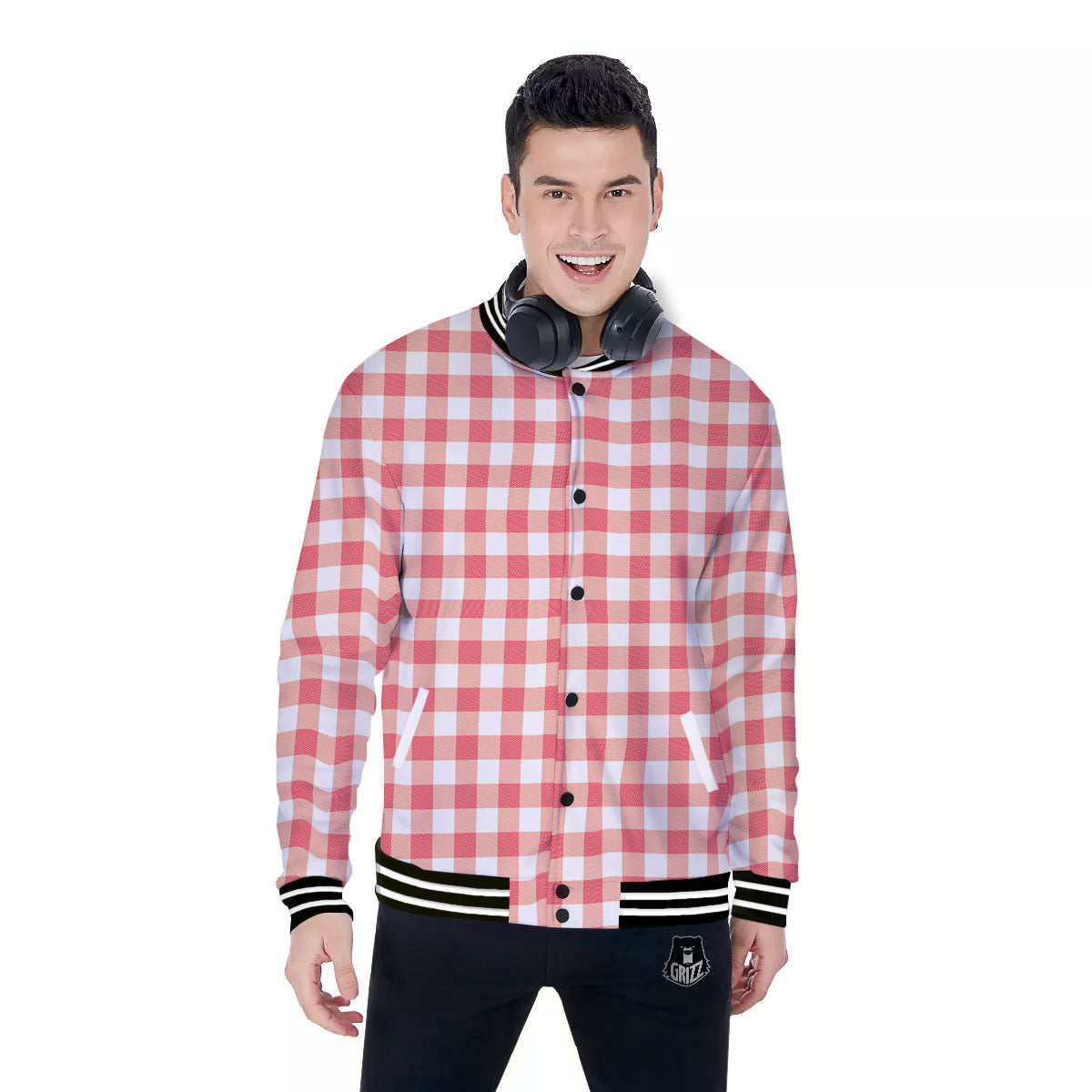 Gingham White And Pink Print Pattern Baseball Jacket-grizzshop