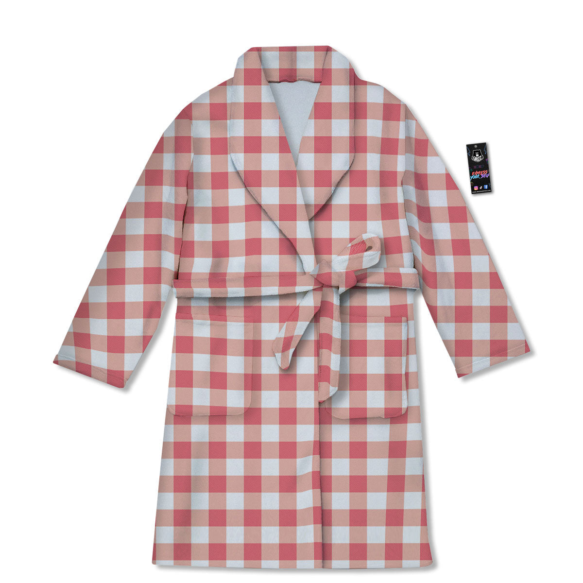 Gingham White And Pink Print Pattern Bathrobe-grizzshop