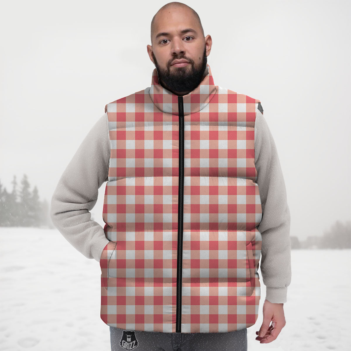 Gingham White And Pink Print Pattern Down Vest-grizzshop