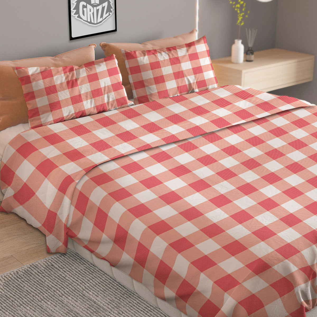 Gingham White And Pink Print Pattern Duvet Cover Bedding Set
