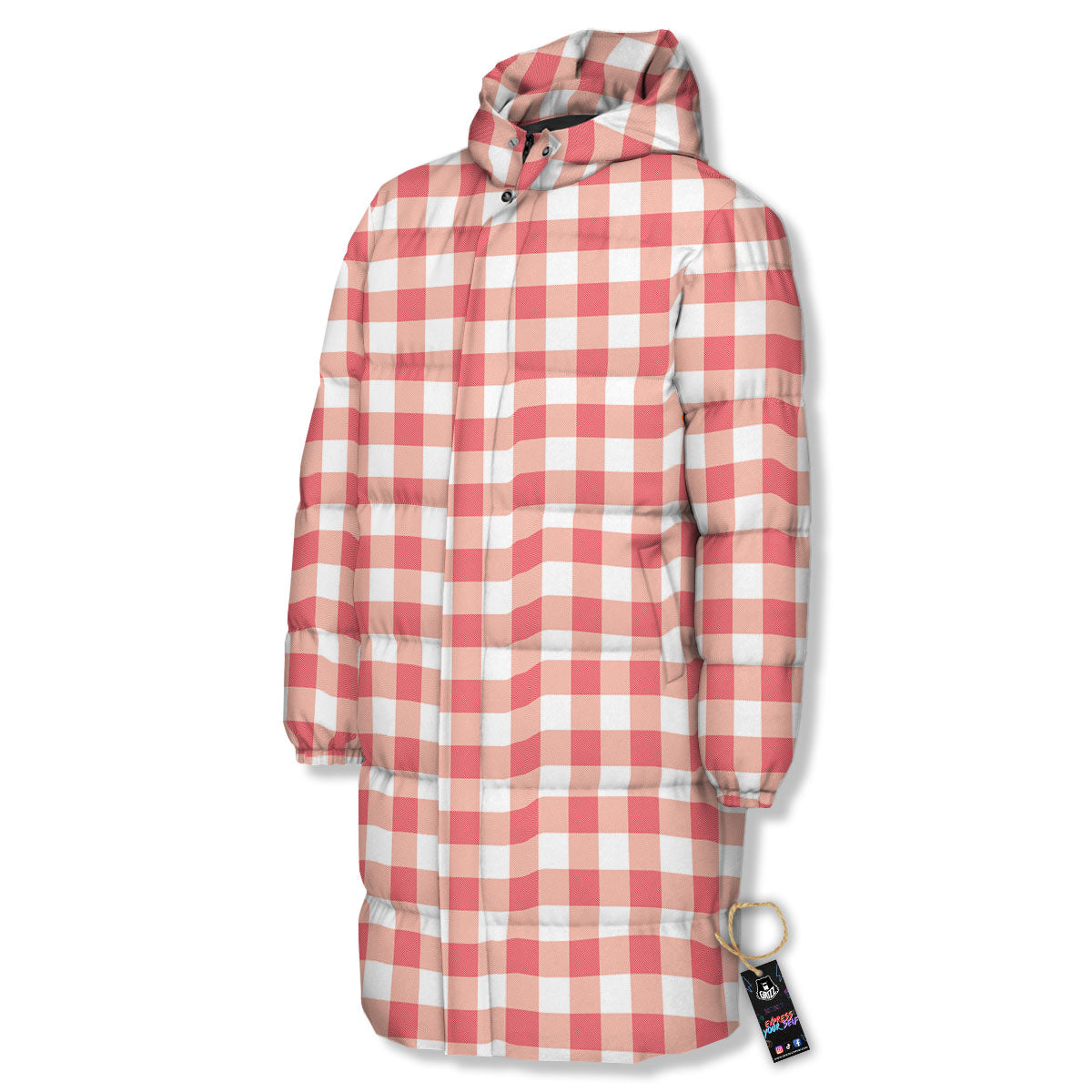 Gingham White And Pink Print Pattern Long Down Jacket-grizzshop
