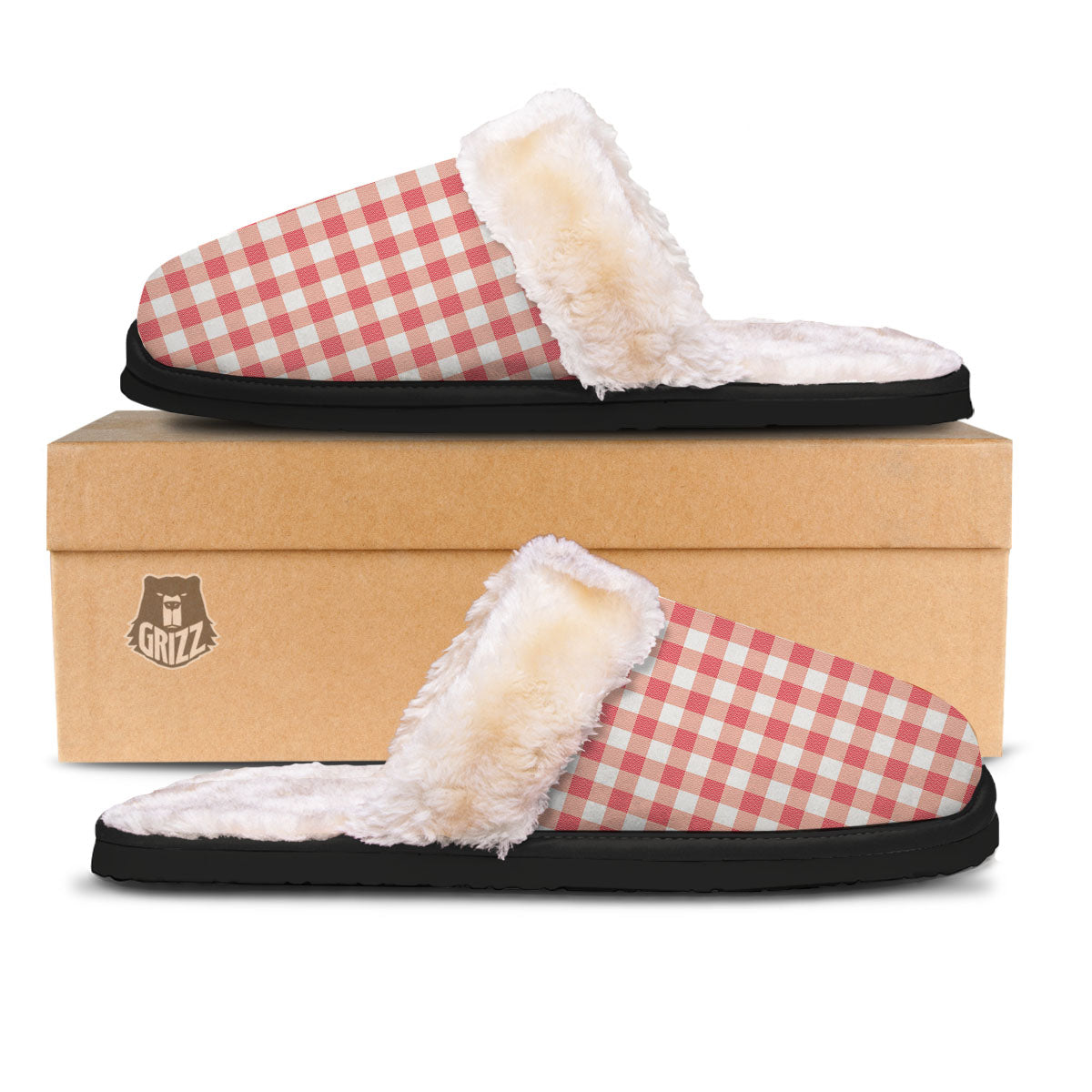 Gingham White And Pink Print Pattern Slippers-grizzshop