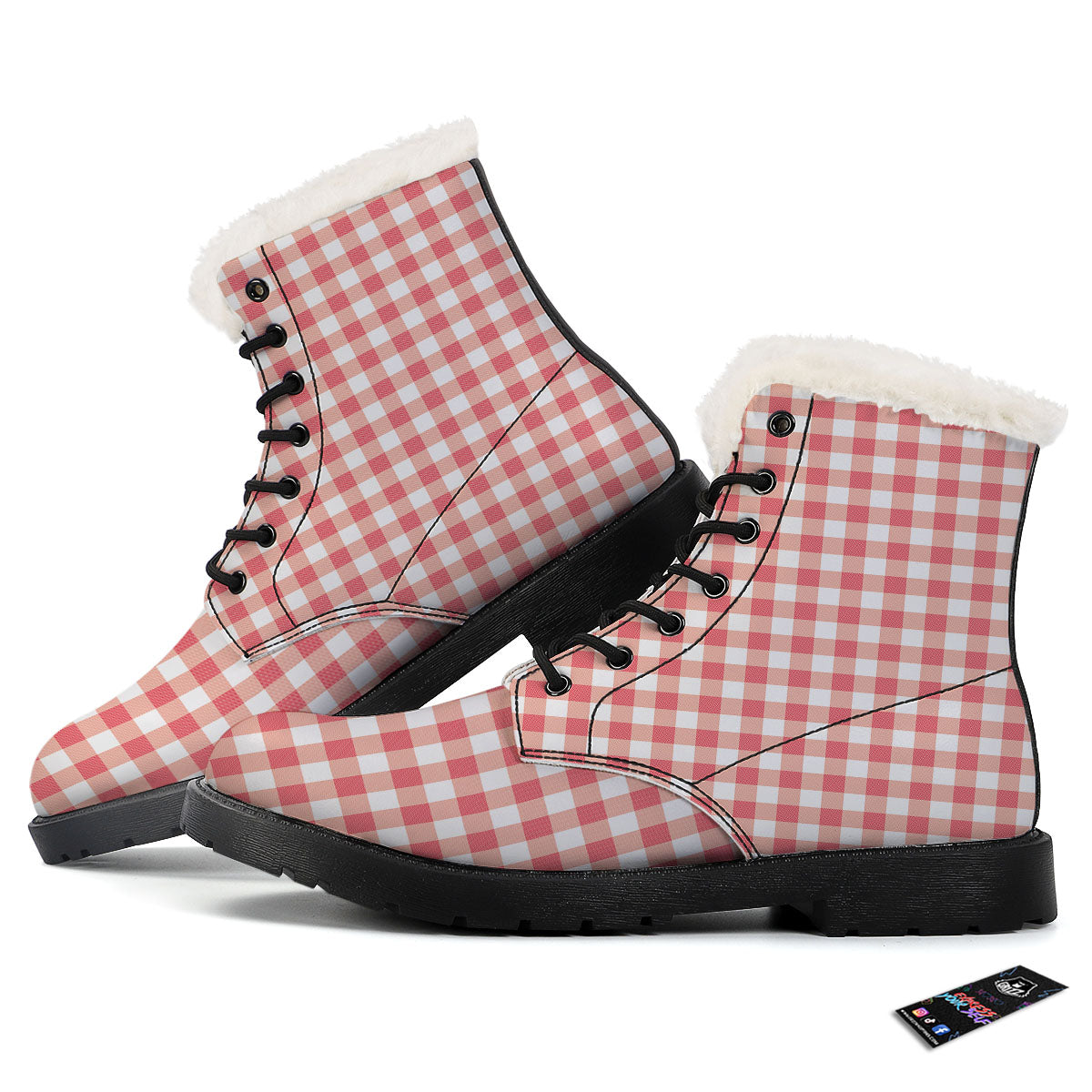 Gingham White And Pink Print Pattern Winter Boots-grizzshop