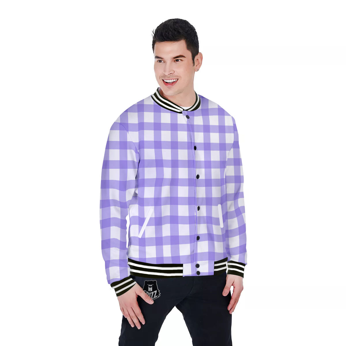 Gingham White And Purple Print Pattern Baseball Jacket-grizzshop