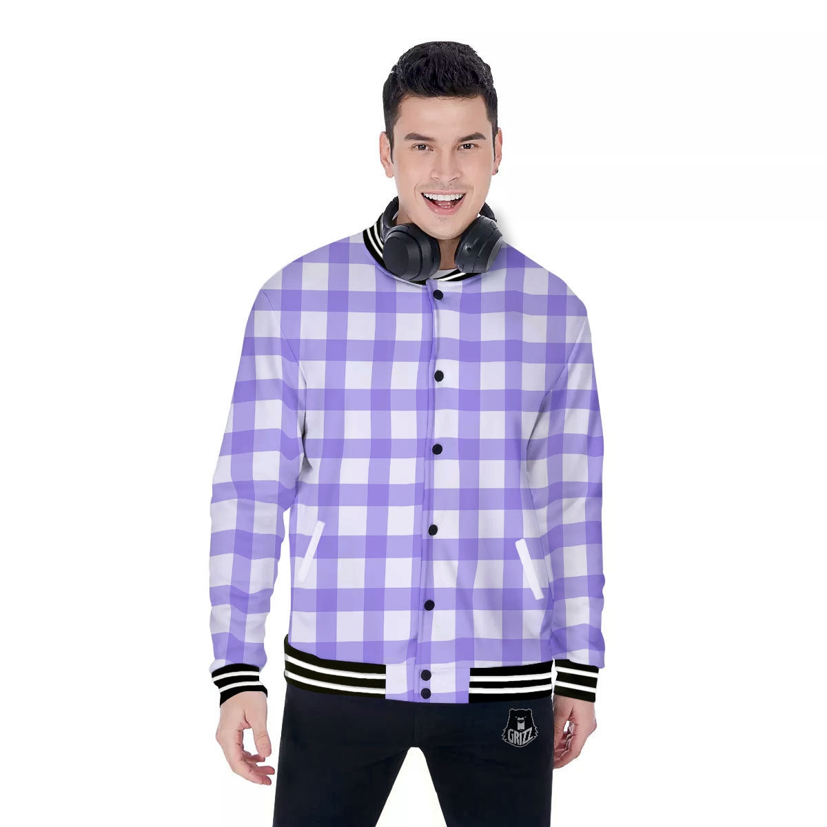 Gingham White And Purple Print Pattern Baseball Jacket-grizzshop