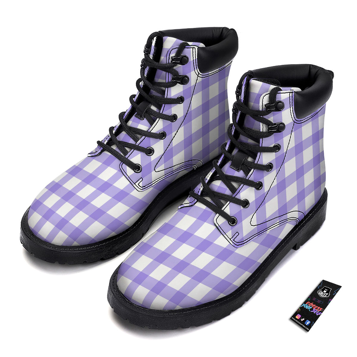 Gingham White And Purple Print Pattern Boots-grizzshop