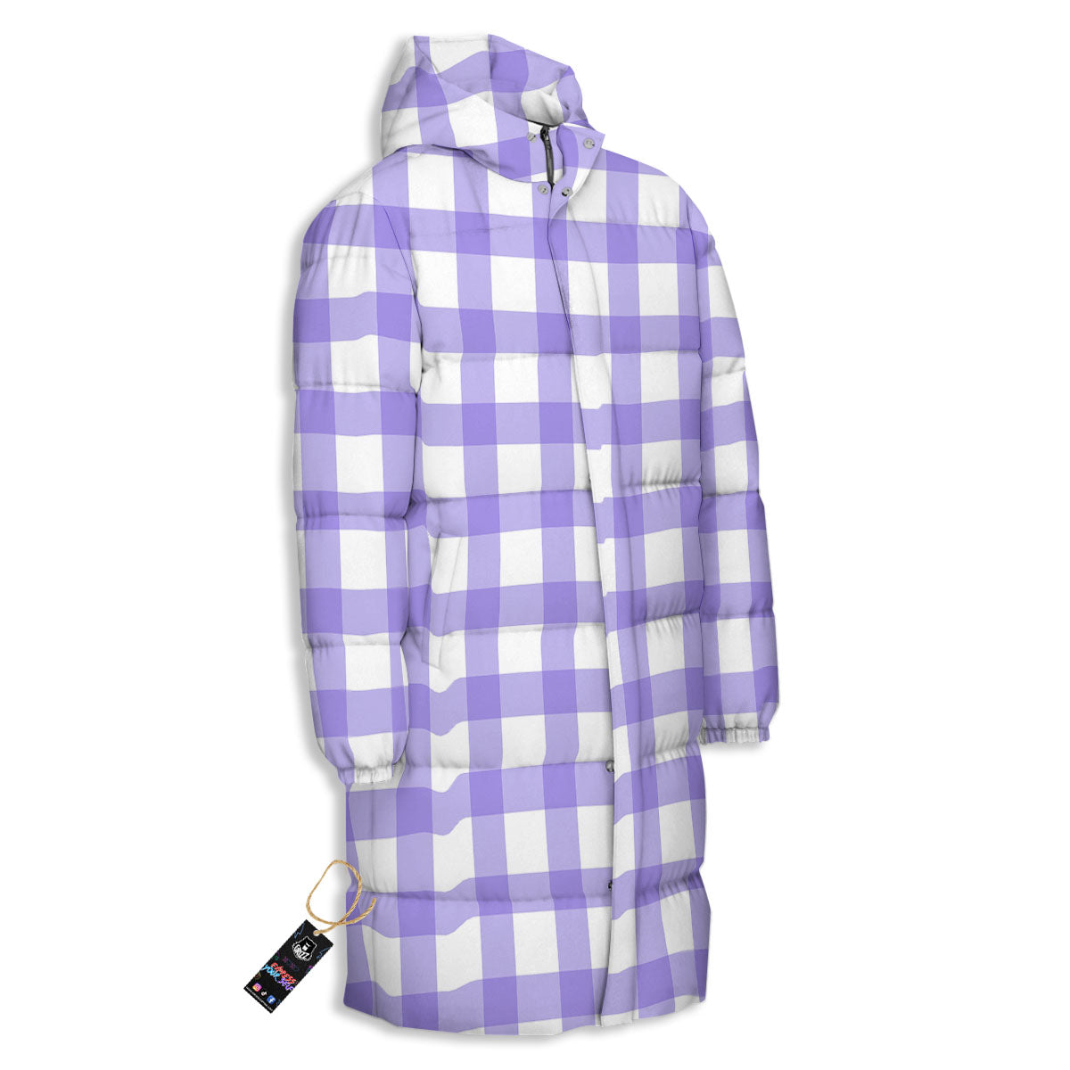 Gingham White And Purple Print Pattern Long Down Jacket-grizzshop