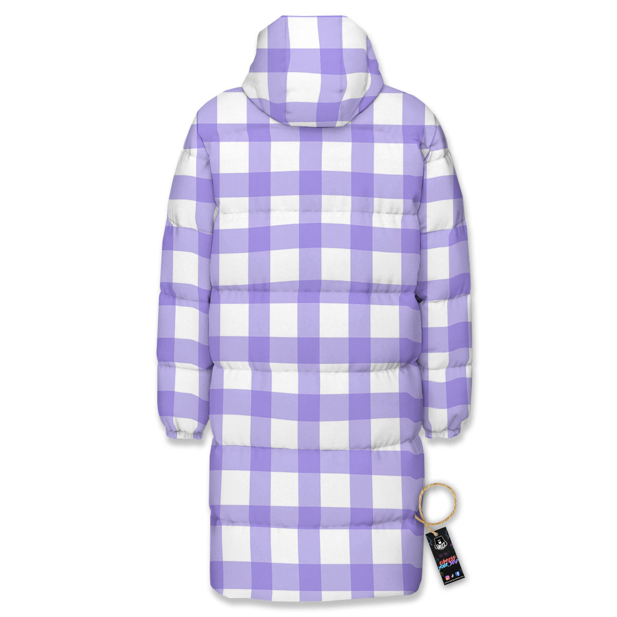 Gingham White And Purple Print Pattern Long Down Jacket-grizzshop