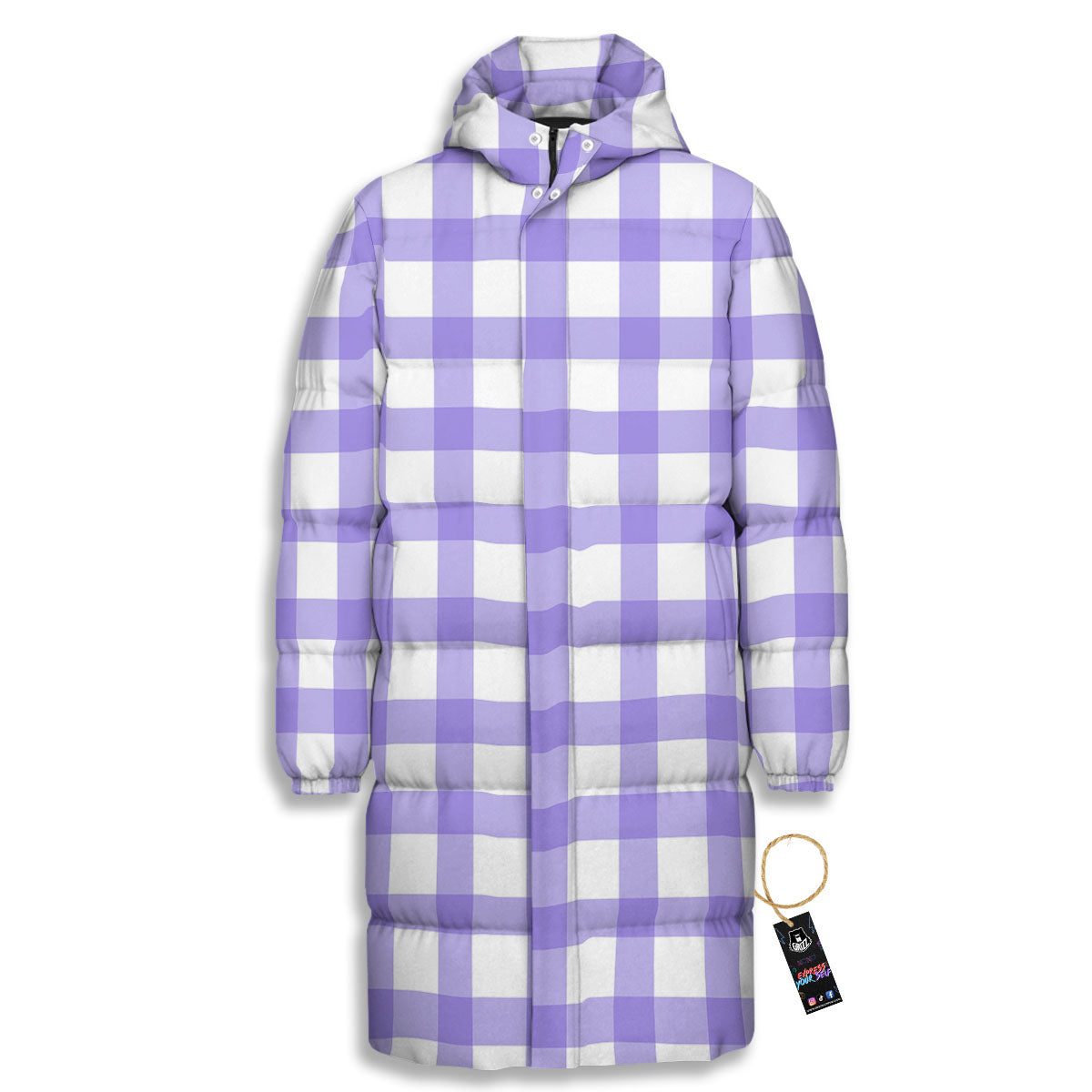 Gingham White And Purple Print Pattern Long Down Jacket-grizzshop