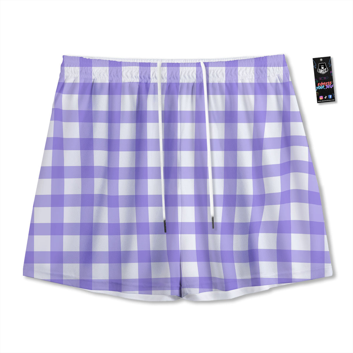 Gingham White And Purple Print Pattern Mesh Shorts