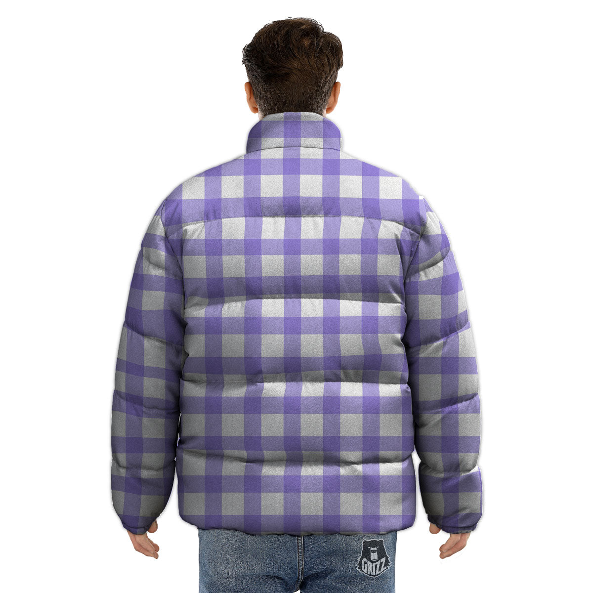 Gingham White And Purple Print Pattern Puffer Jacket-grizzshop