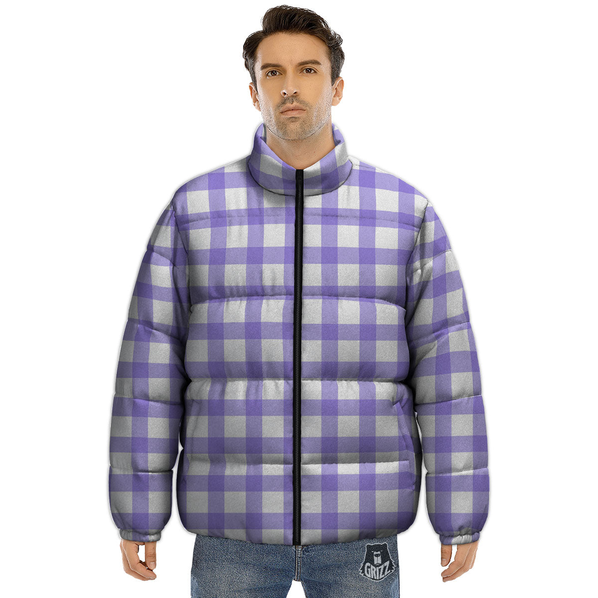 Gingham White And Purple Print Pattern Puffer Jacket-grizzshop