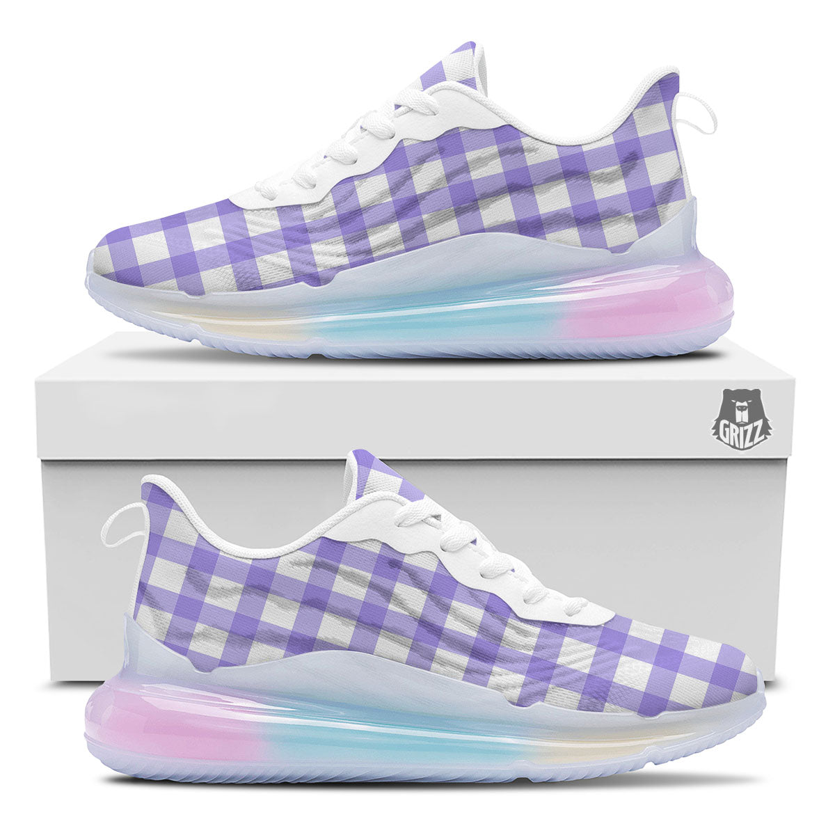Gingham White And Purple Print Pattern Running Sneakers-grizzshop
