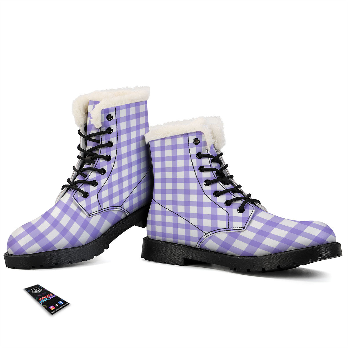 Gingham White And Purple Print Pattern Winter Boots-grizzshop