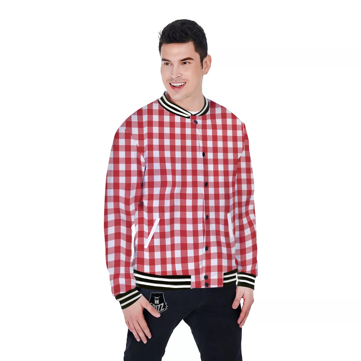 Gingham White And Red Print Pattern Baseball Jacket-grizzshop