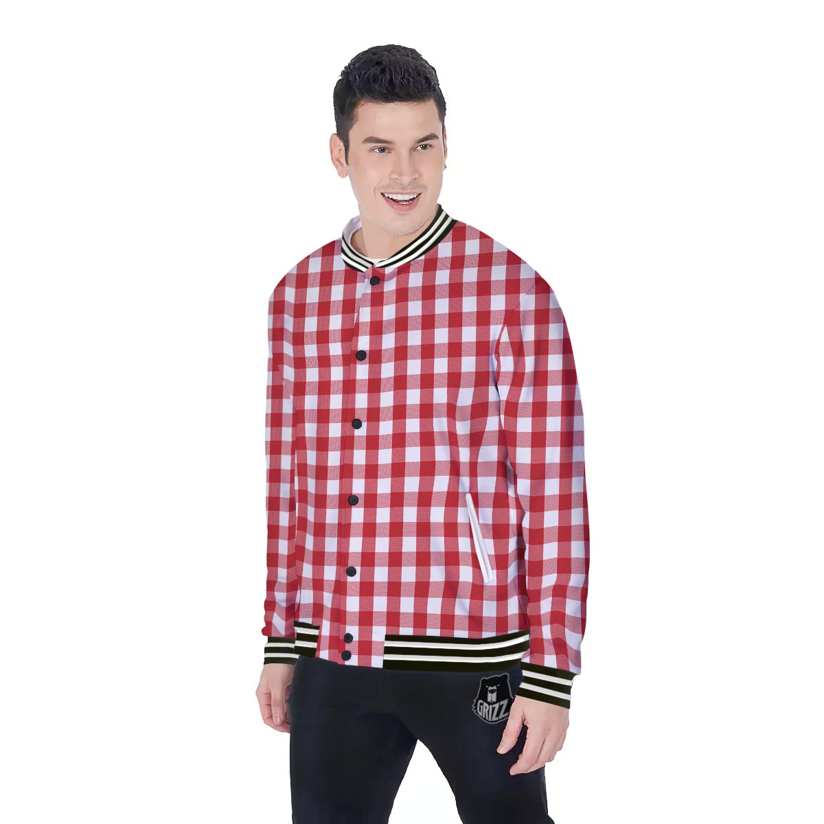 Gingham White And Red Print Pattern Baseball Jacket-grizzshop
