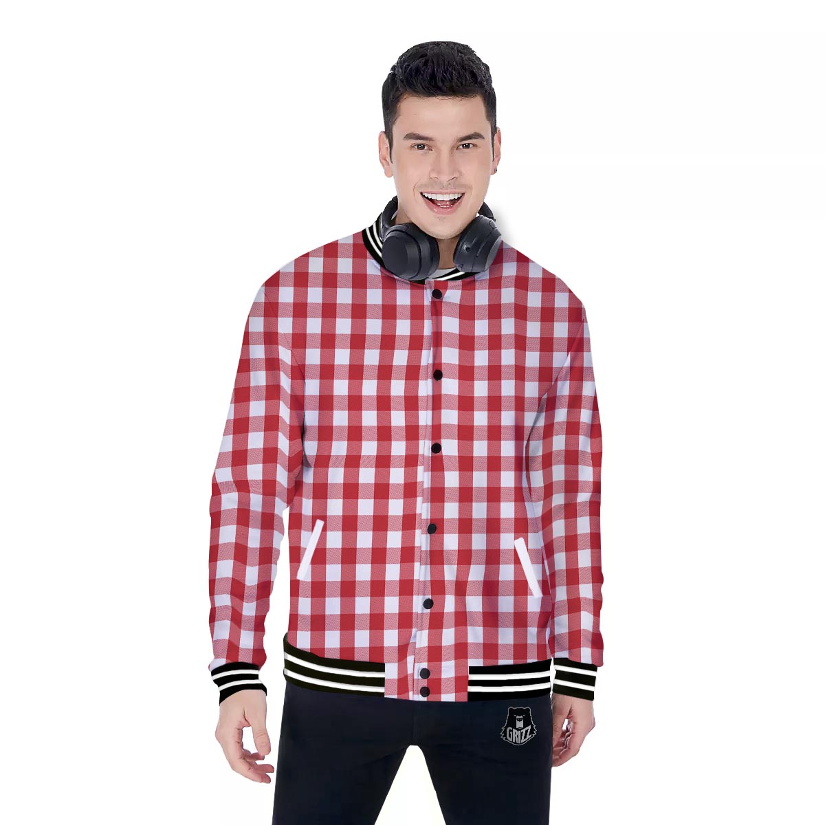 Gingham White And Red Print Pattern Baseball Jacket-grizzshop
