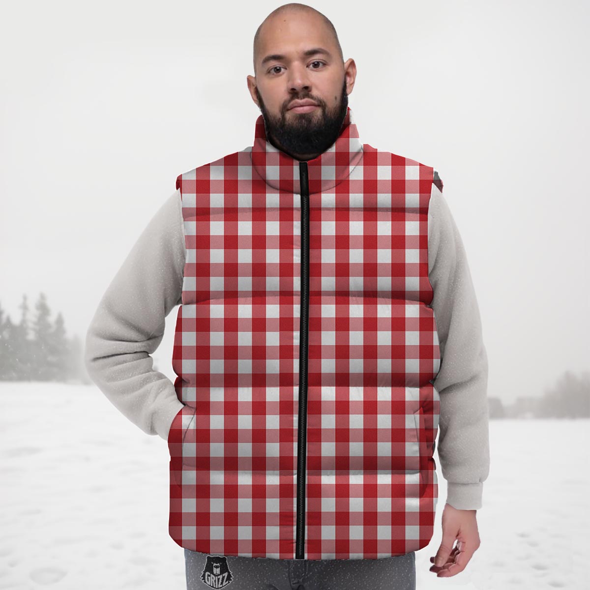Gingham White And Red Print Pattern Down Vest-grizzshop