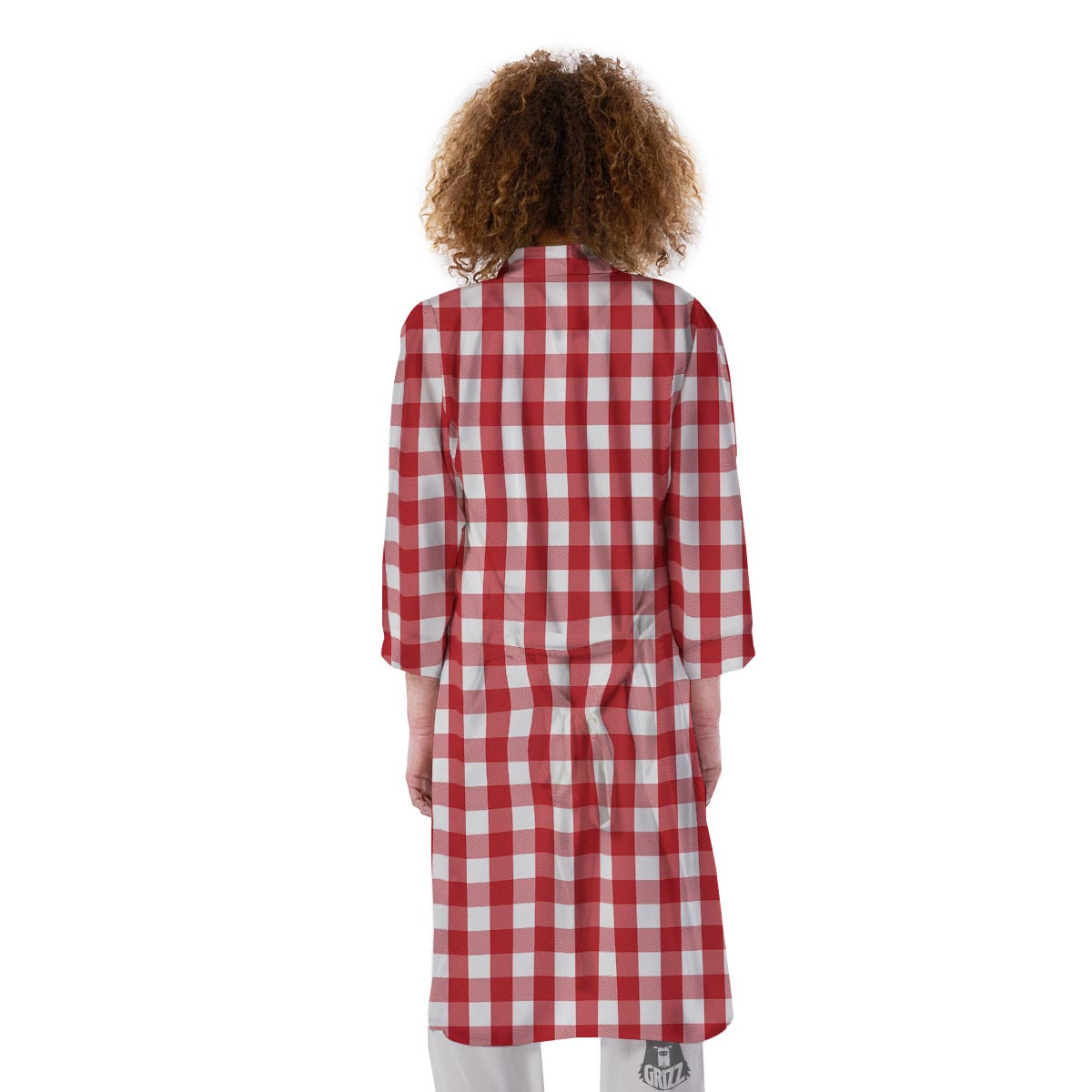 Gingham White And Red Print Pattern Kimono-grizzshop