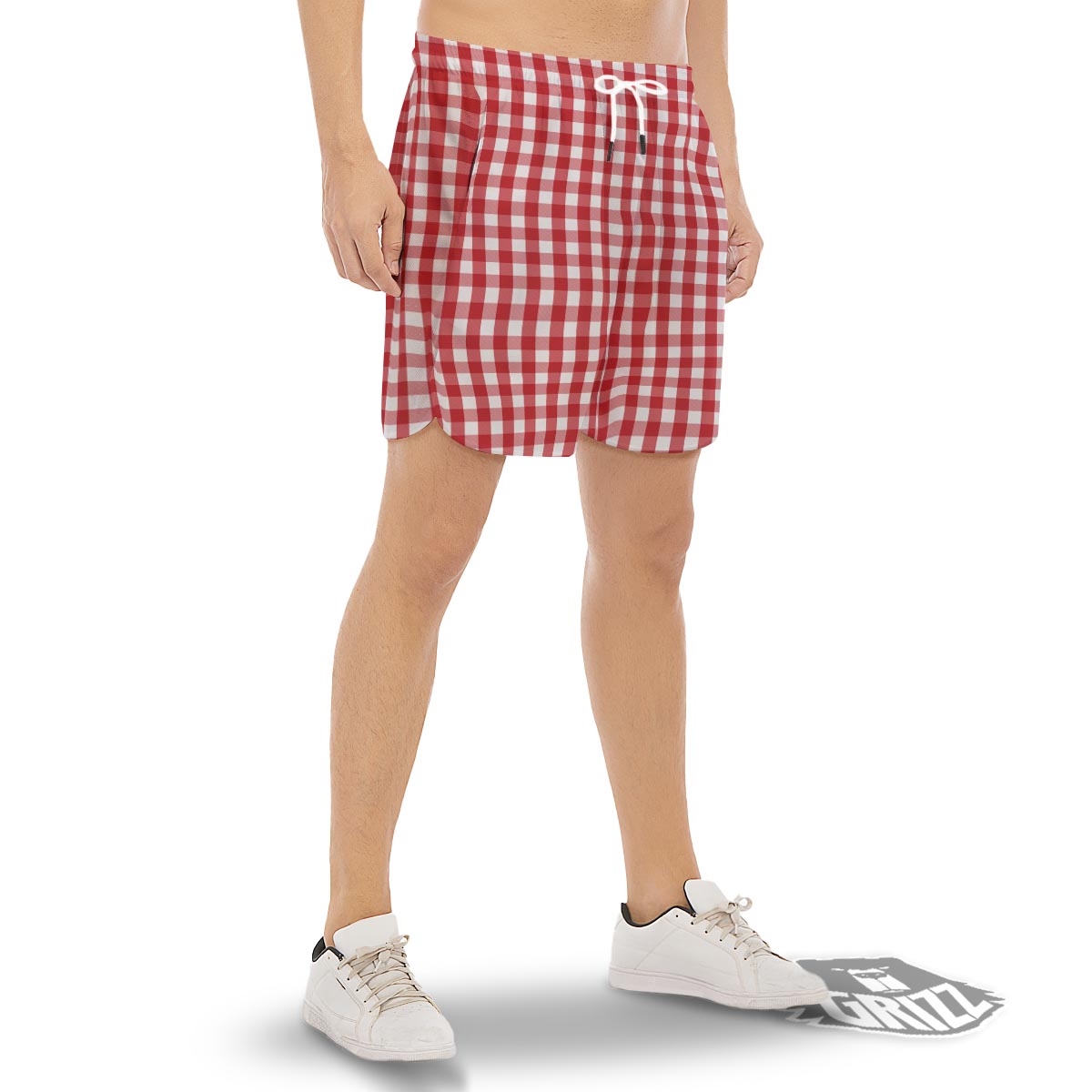 Gingham White And Red Print Pattern Men's Gym Shorts-grizzshop