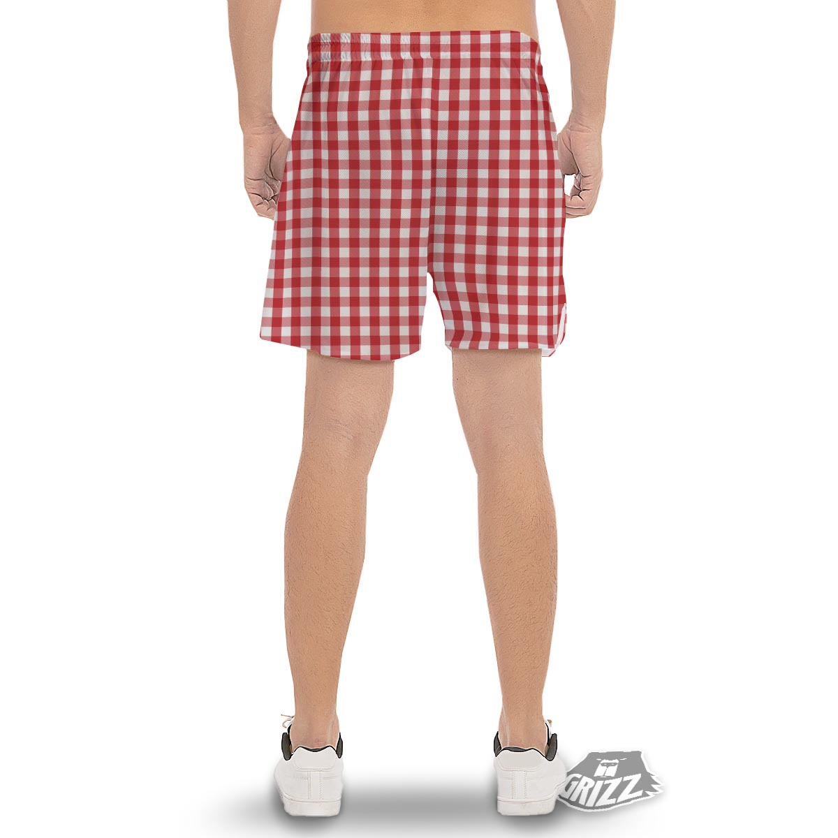 Gingham White And Red Print Pattern Men's Gym Shorts-grizzshop