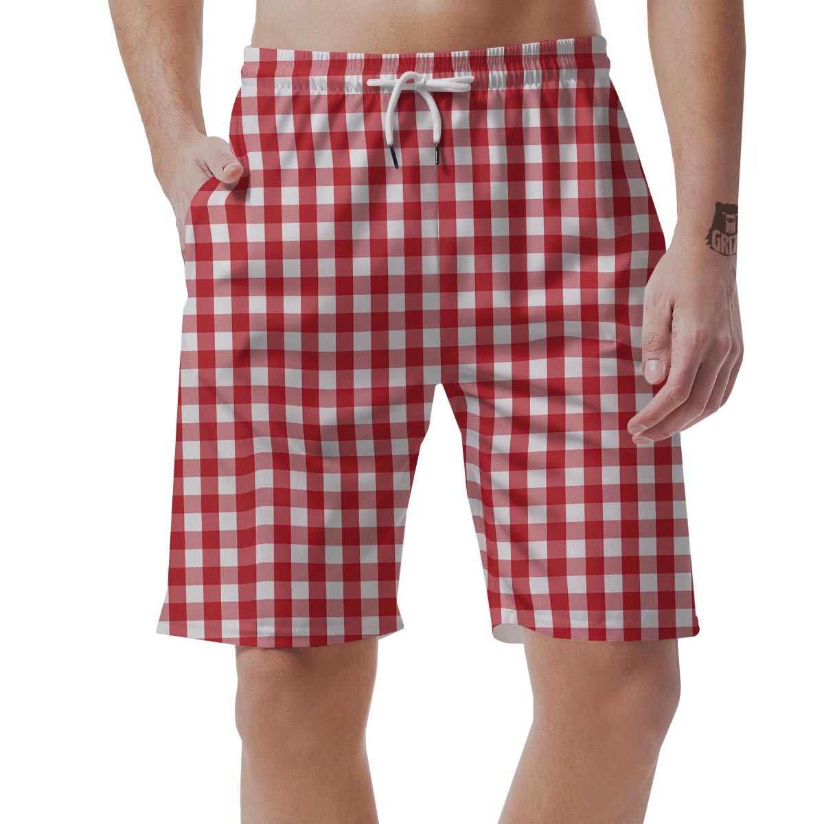 Gingham White And Red Print Pattern Men's Shorts-grizzshop