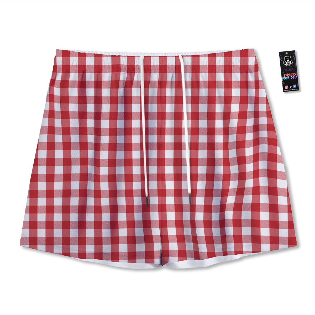Gingham White And Red Print Pattern Mesh Shorts