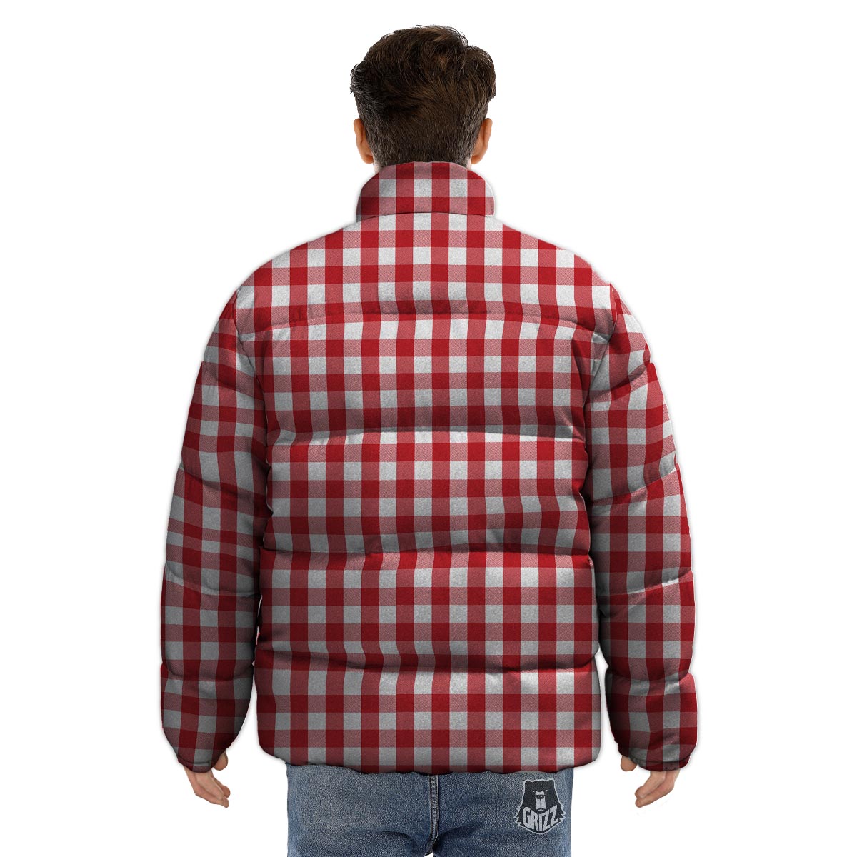 Gingham White And Red Print Pattern Puffer Jacket-grizzshop