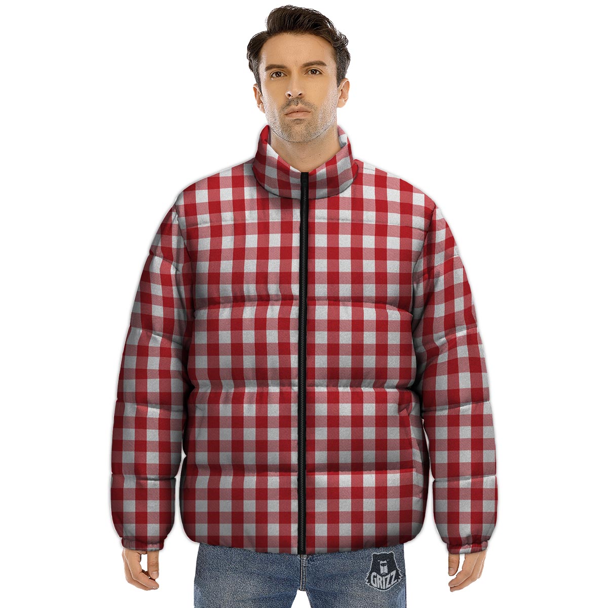 Gingham White And Red Print Pattern Puffer Jacket-grizzshop