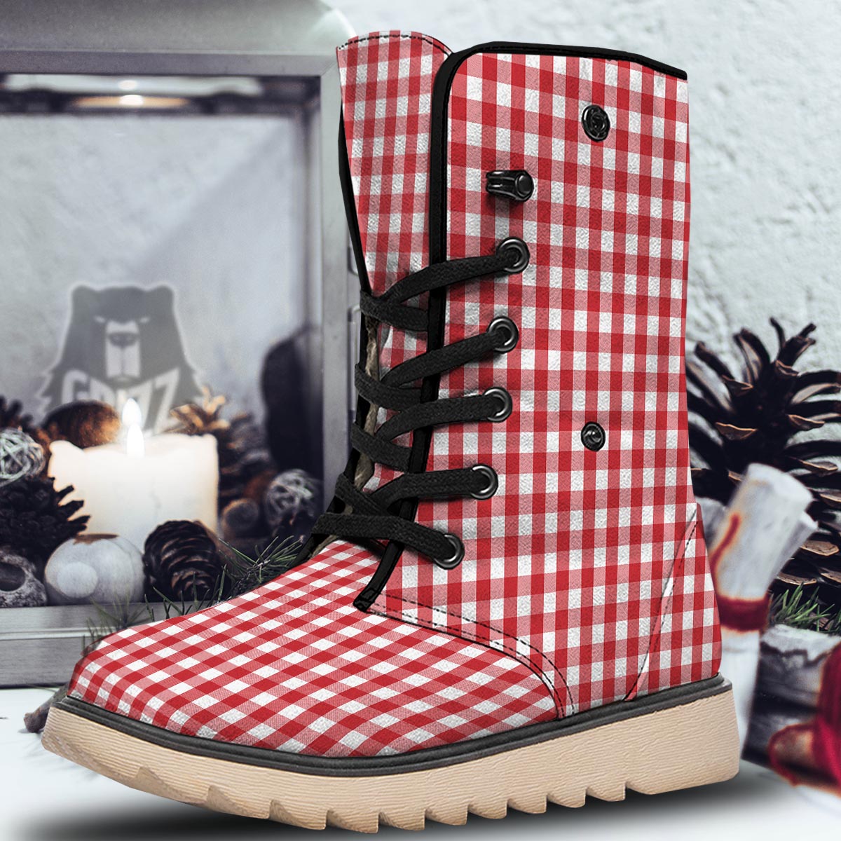 Gingham White And Red Print Pattern Snow Boots-grizzshop