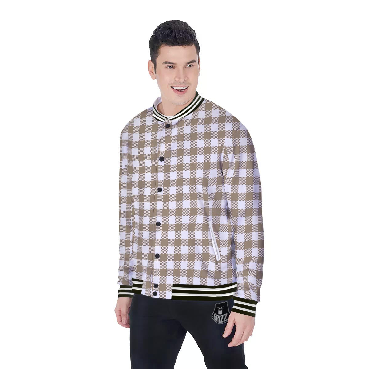 Gingham White And Tan Print Pattern Baseball Jacket-grizzshop