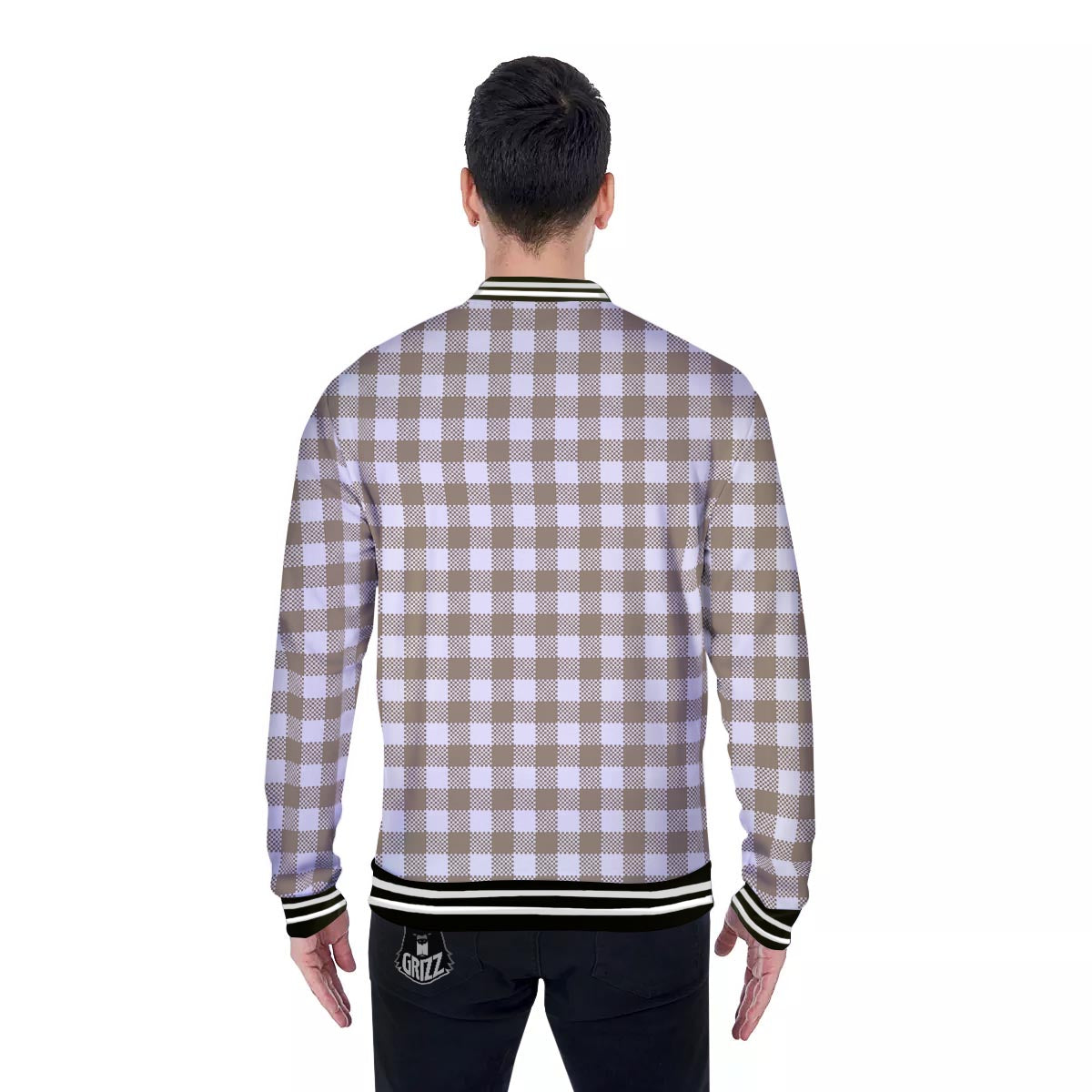 Gingham White And Tan Print Pattern Baseball Jacket-grizzshop