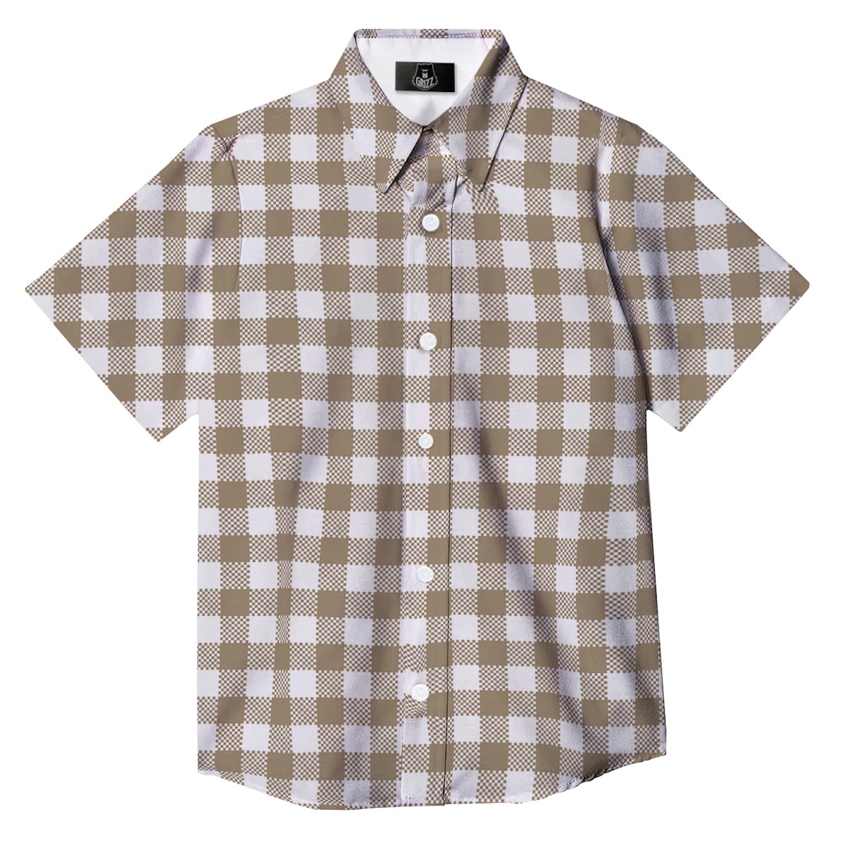 Gingham White And Tan Print Pattern Button Up Shirt-grizzshop