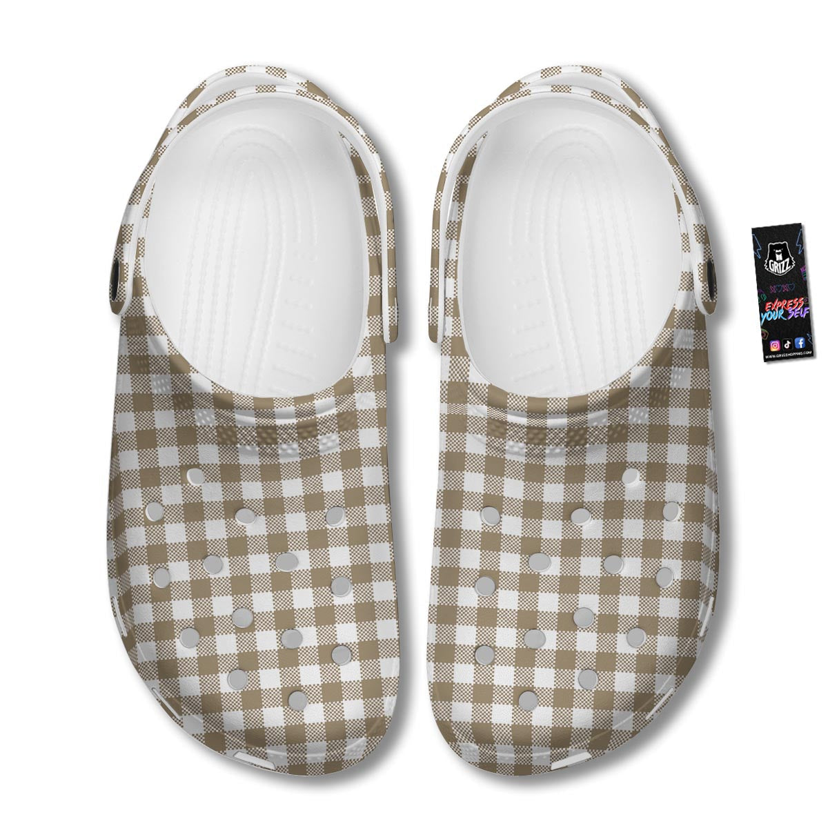 Gingham White And Tan Print Pattern Clog-grizzshop