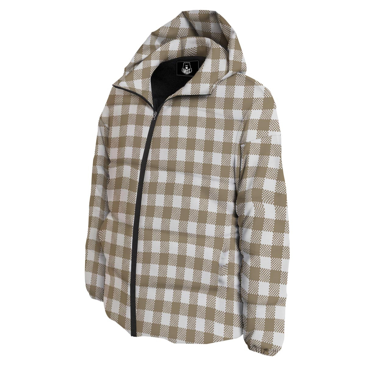 Gingham White And Tan Print Pattern Down Jacket-grizzshop